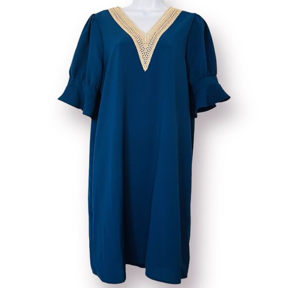 Wkior Shift Dress V Neck Short Ruffle  Sleeves Solid Color Casual Flowy Blue Tan - Picture 2 of 11